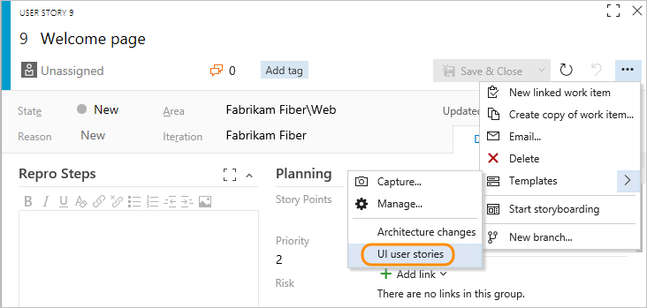 Screenshot of Apply a template to an existing work item within the form.