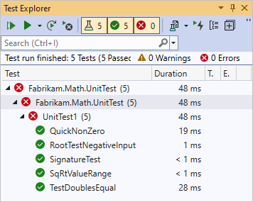 Screenshot of Unit Test Explorer showing passed test for equal.