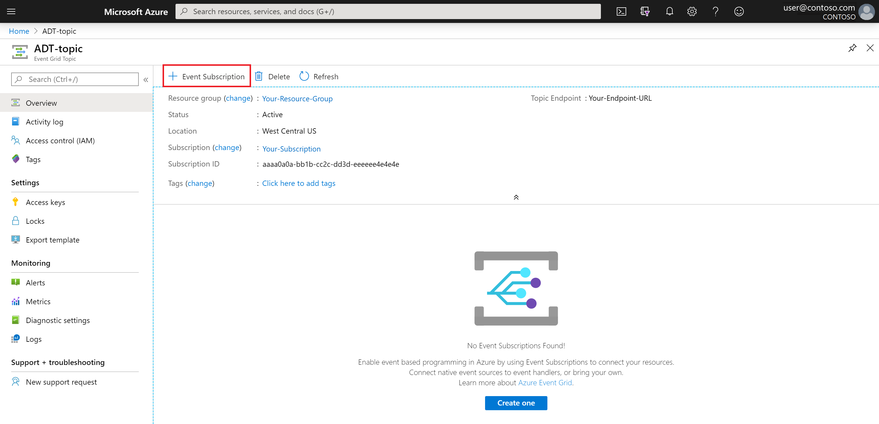 Captura de tela mostrando como criar uma assinatura de evento do portal do Azure.