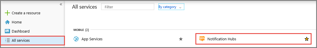 Portal do Azure – selecionar Hubs de Notificação
