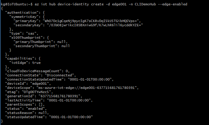 Saída da criação de identidade do dispositivo de hub IoT do Azure