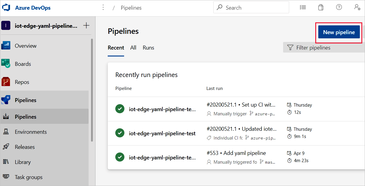 Captura de tela que mostra como criar um novo pipeline de build.