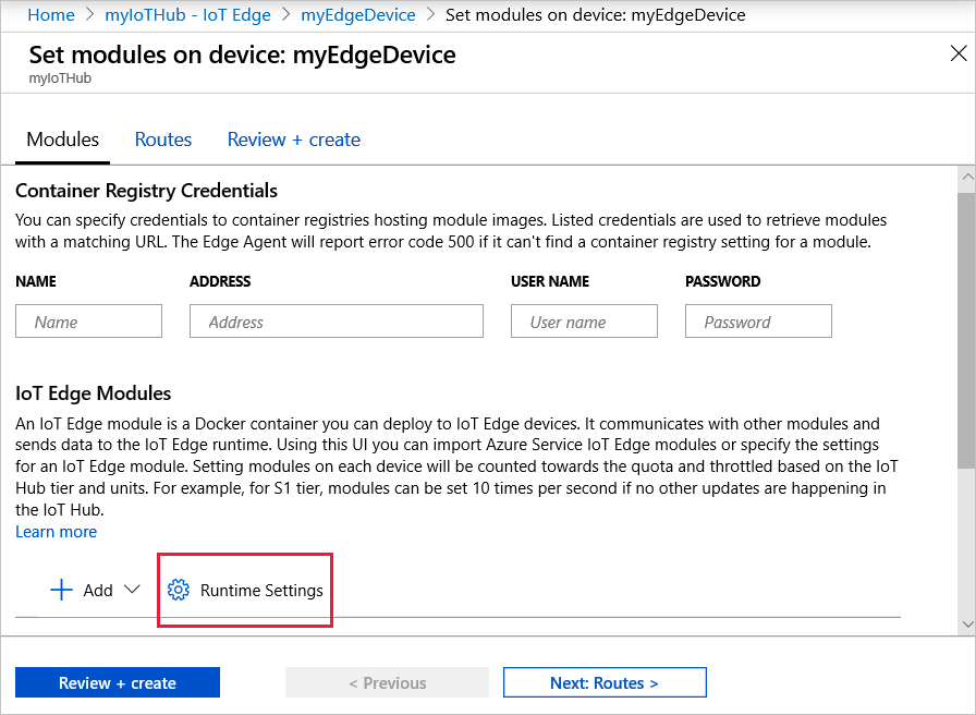 Definir as configurações de runtime