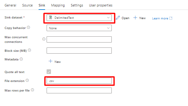 Captura de tela mostrando como configurar o coletor em um pipeline para mover os dados para o Armazenamento do Microsoft Azure do Snowflake.