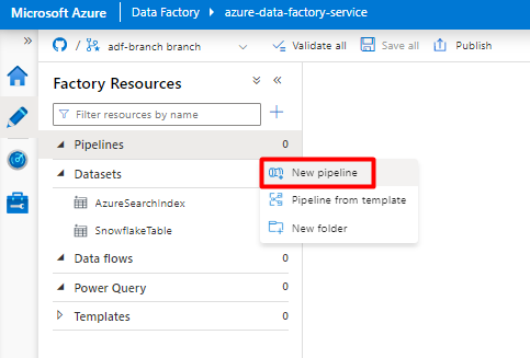 Captura de tela mostrando como escolher um novo pipeline no Azure Data Factory para criar ingestão de dados no Snowflake.