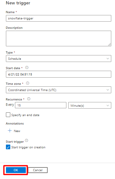 Captura de tela mostrando como configurar um gatilho para executar um pipeline no Data Factory para o Snowflake.