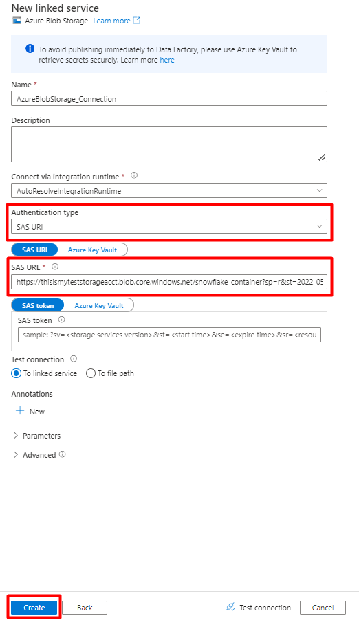 Captura de tela mostrando como preencher um formulário de novo serviço de pesquisa vinculada no Azure Data Factory com suas propriedades para importar do SnowFlake.