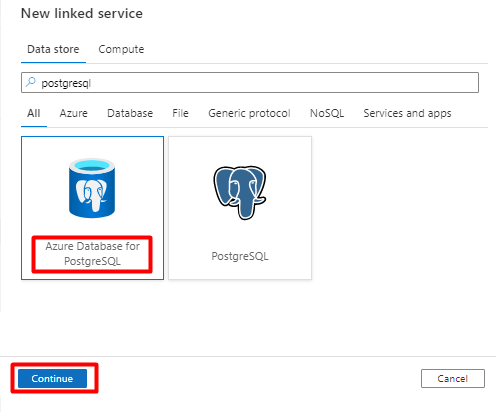 Como escolher o armazenamento de dados do PostgreSQL para um serviço vinculado no Azure Data Factory.