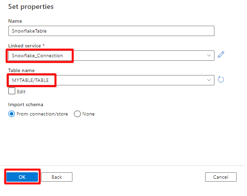 Captura de tela mostrando como configurar as propriedades do conjunto de dados para o Snowflake.