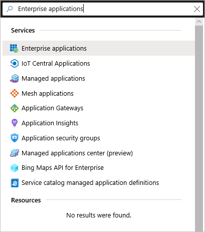 Captura de tela da pesquisa de aplicativos empresariais no portal do Azure