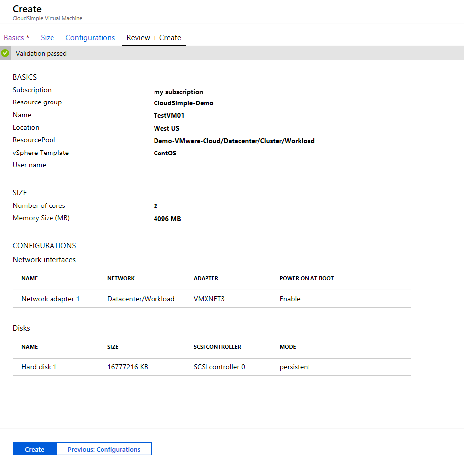 Criar máquina virtual da CloudSimple – revisar