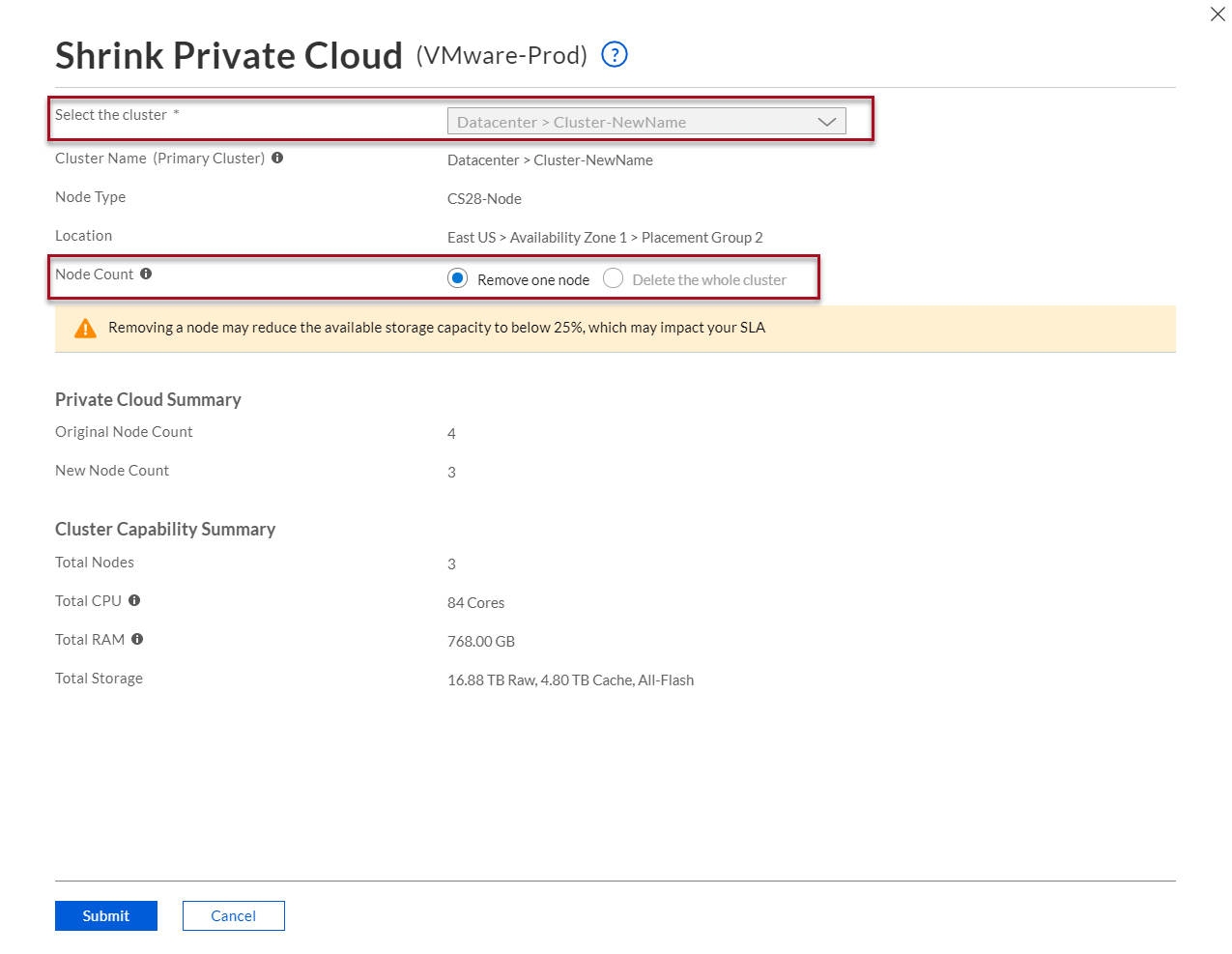 Reduzir a nuvem privada – selecionar cluster