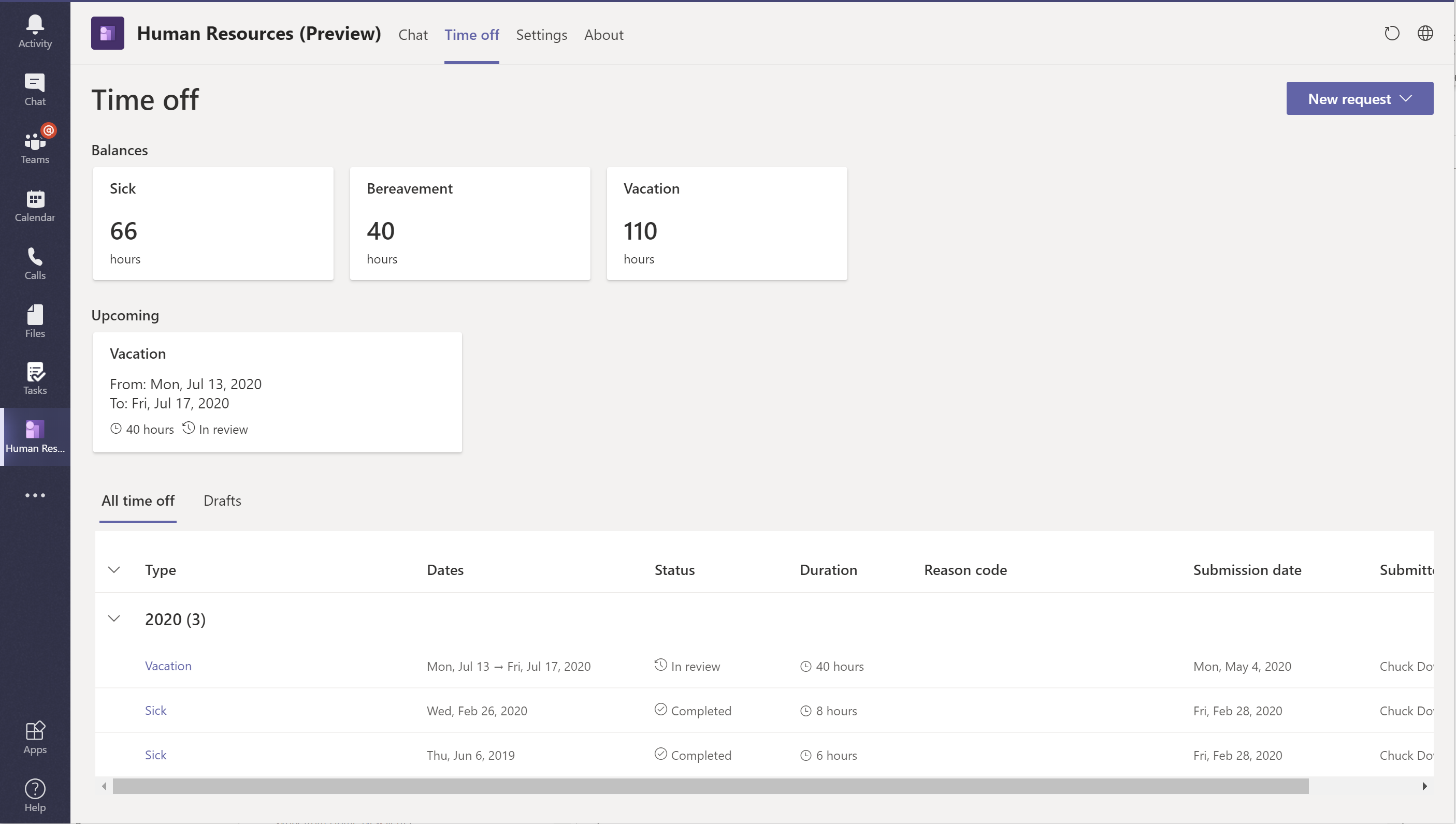 Time off tab in Human Resources Teams app
