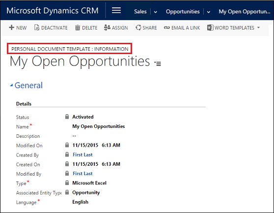 Um modelo do Excel carregado de uma lista de registros