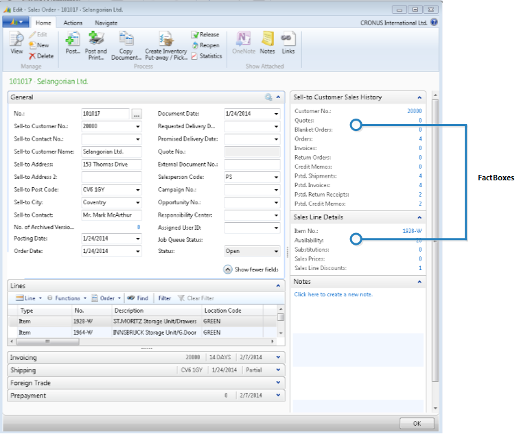 Shows FactBox on a sales order