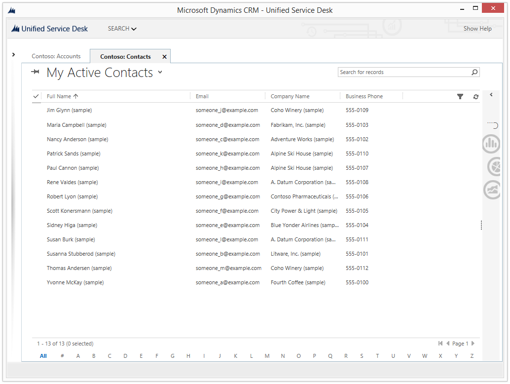 Registros de contato do Dynamics 365 exibidos