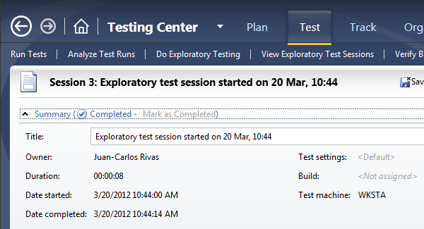 Resumo da sessão teste exploratório