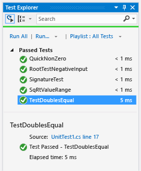 Teste de unidade Test Explorer mostrando passado igual