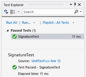 Explorer de teste de unidade com um teste passado