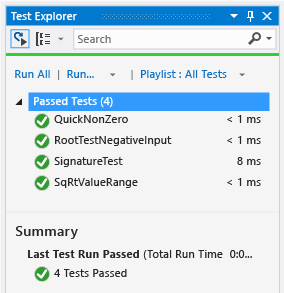 Explorer de teste de unidade com quatro testes que passaram