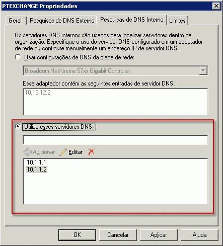 Pesquisas de DNS interno definidas para usar um servidor DNS