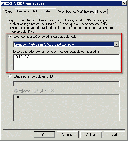 Pesquisas de DNS externo definidas para usar placa de rede