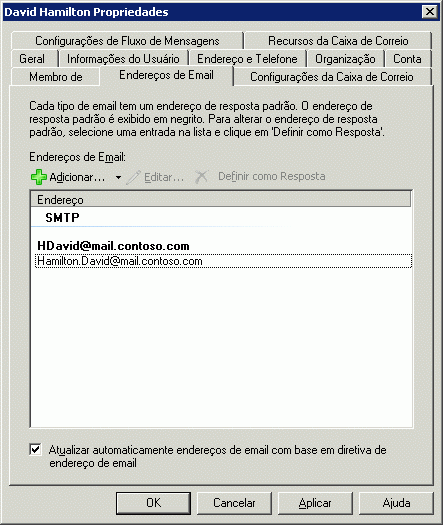 página de propriedades da política de endereço de email