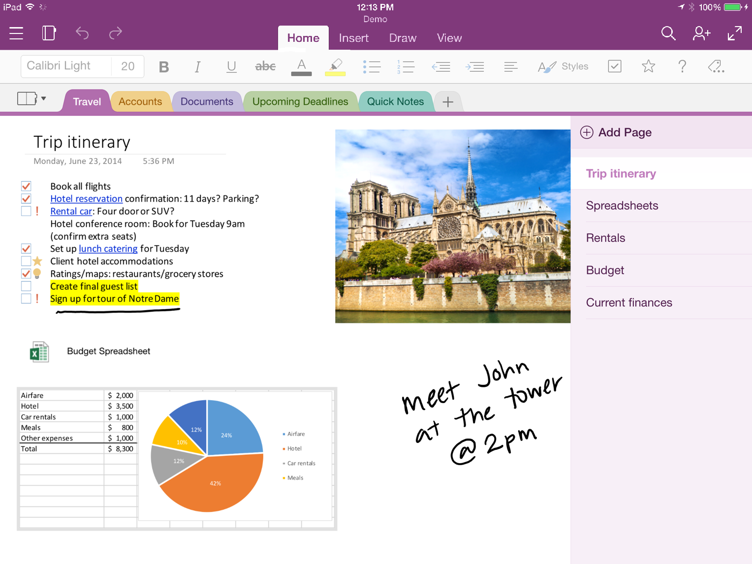 Uma página do OneNote de amostra.