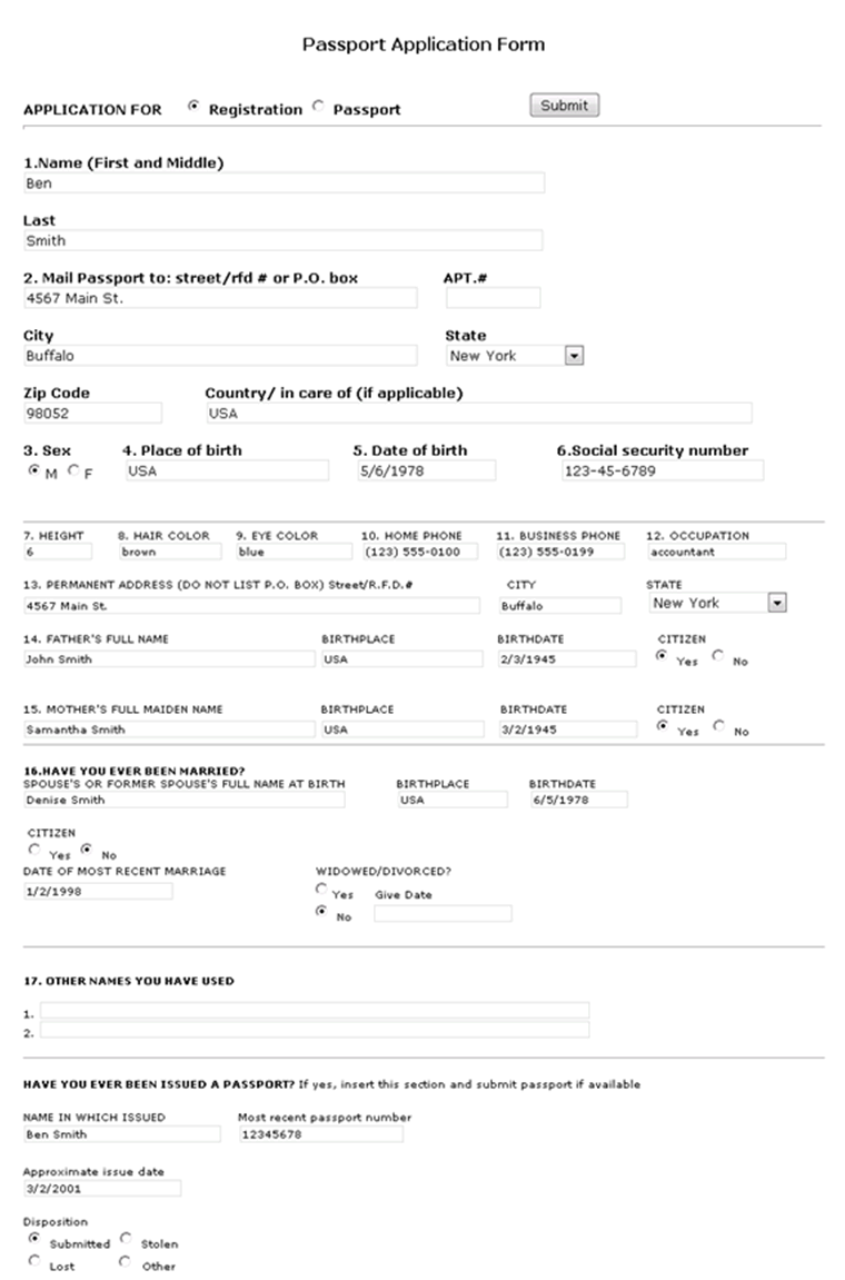 Formulário do aplicativo Passport