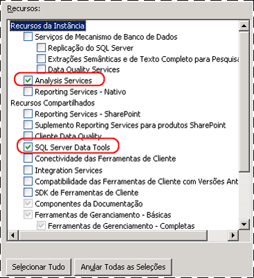 Árvore de recursos de instalação mostrando o Analysis Services