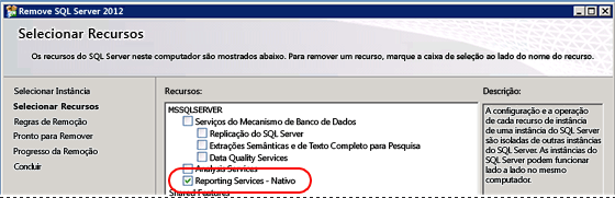 Desinstalar o SQL, selecionar recursos para desinstalar