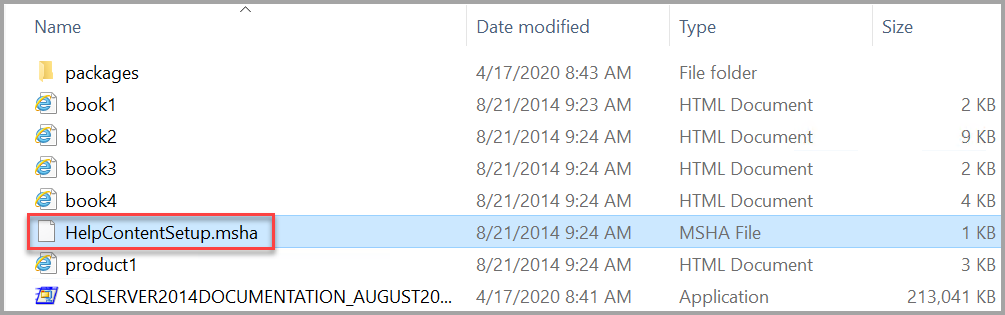 Arquivo de instalação da documentação de Ajuda do SQL Server 2014