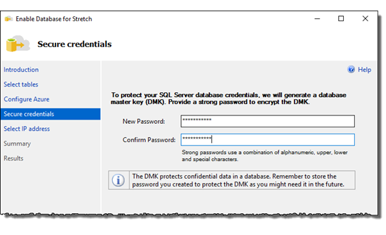 Captura de tela mostrando a página Credenciais seguras do assistente do Stretch Database com as caixas de texto Nova Senha e Confirmar Senha preenchidas.