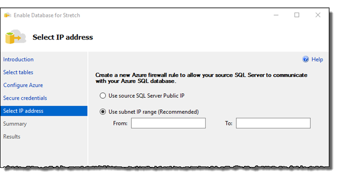 Captura de tela mostrando como selecionar a página de endereço IP do assistente do Stretch Database.