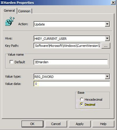 Captura de tela das configurações do Registro na janela Propriedades do IEHarden.