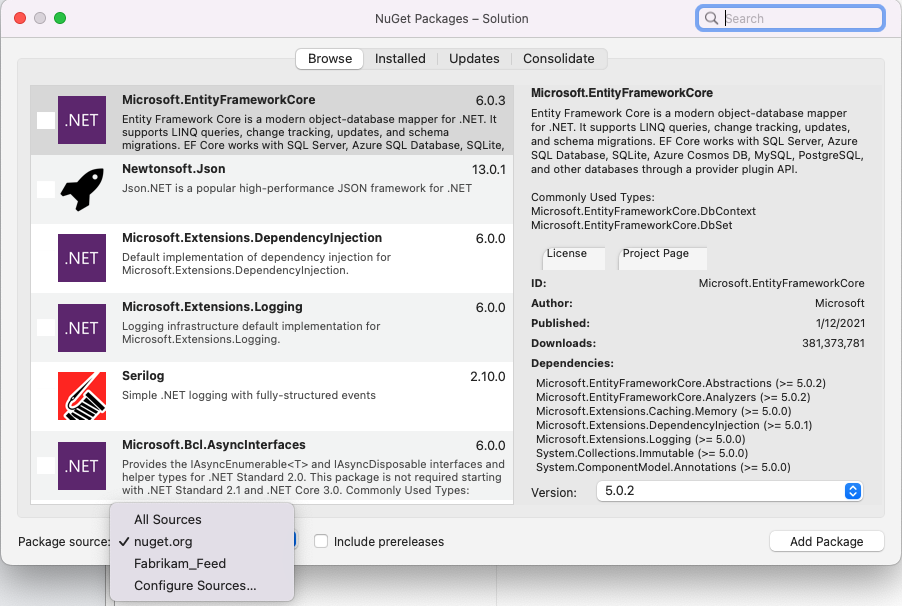 This screenshot shows Add Package Source dialog showing a drop down with a list of package sources.