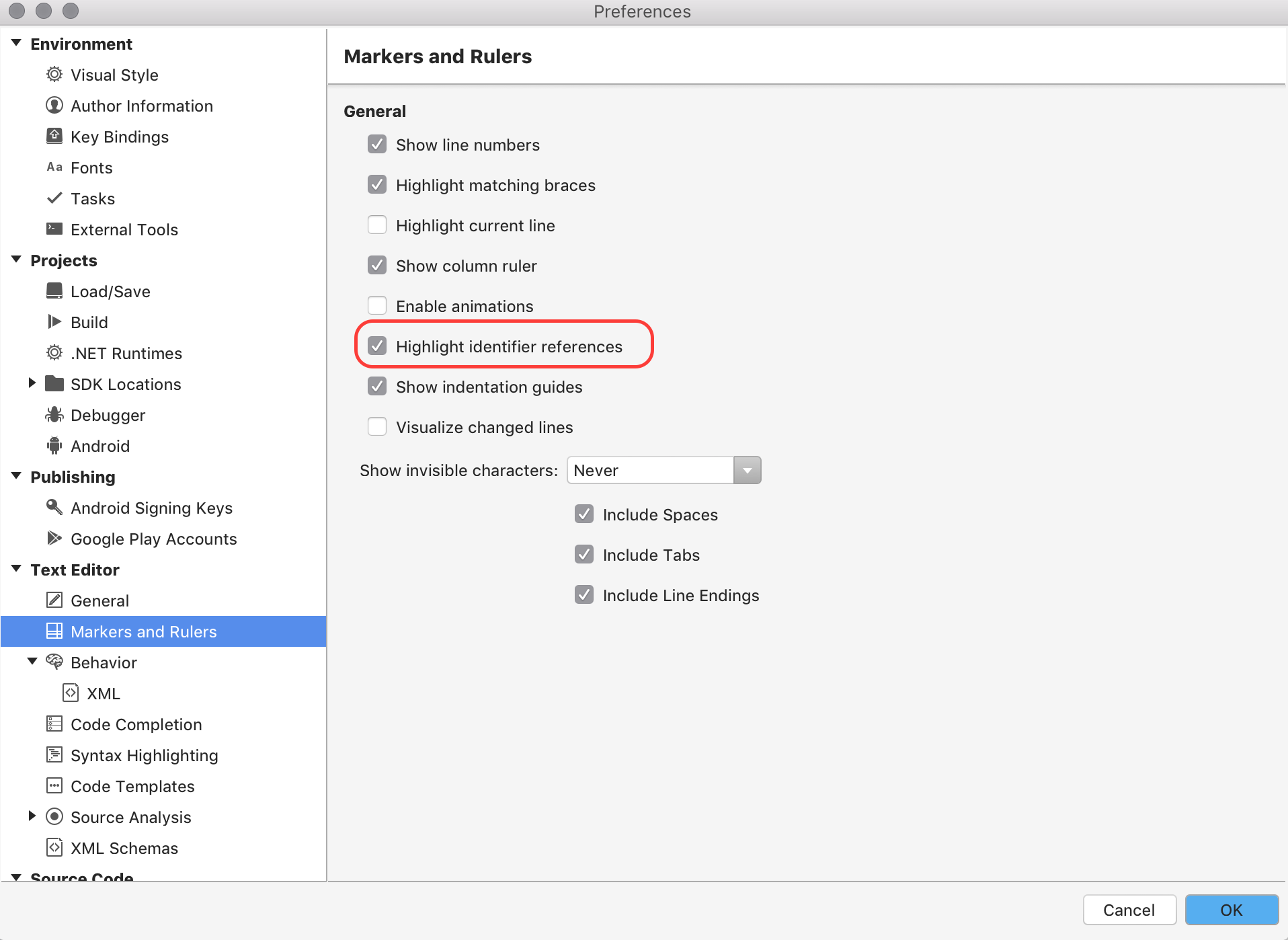 Preferences dialog with "Highlight identifier references" highlighted