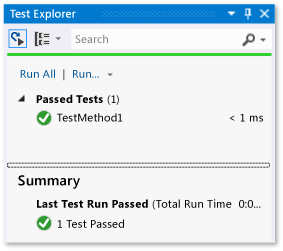 Explorer de teste de unidade com um teste passado