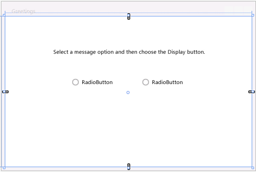 Formulário de festas com textblock e dois botões de opção