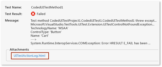 Resultados e links de saída do teste de interface do usuário codificado