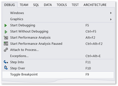 Ativar/desativar ponto de interrupção comando no menu Debug