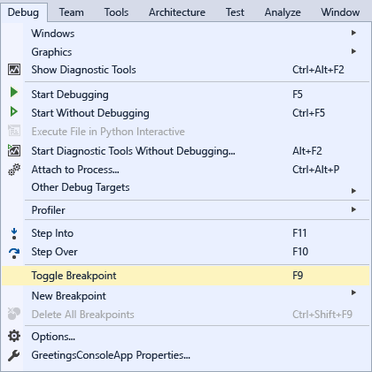 Toggle Breakpoint command on the Debug menu