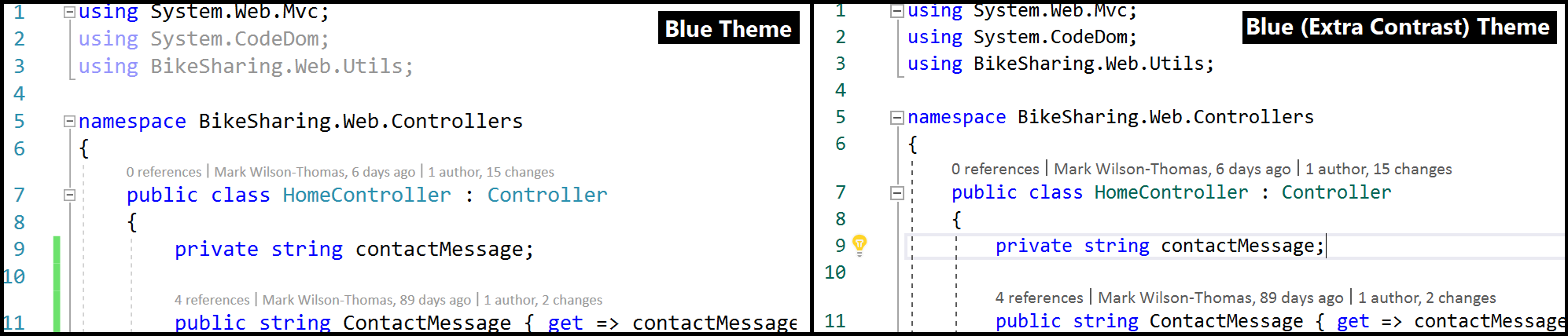 Compare the Blue theme and Blue Extra Contrast theme