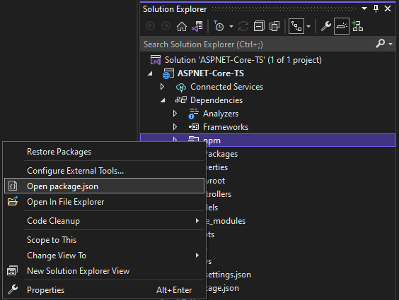 Screenshot of the Solution Explorer with the npm node selected. A right-click context menu is open and Open package.json is selected.