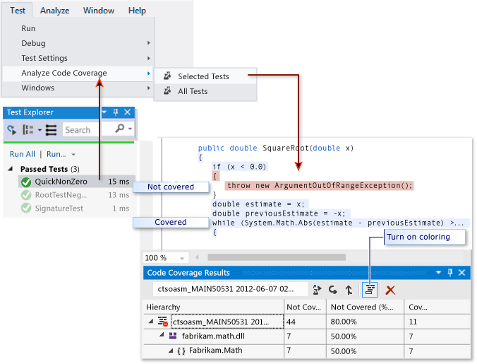 Code coverage results with coloring