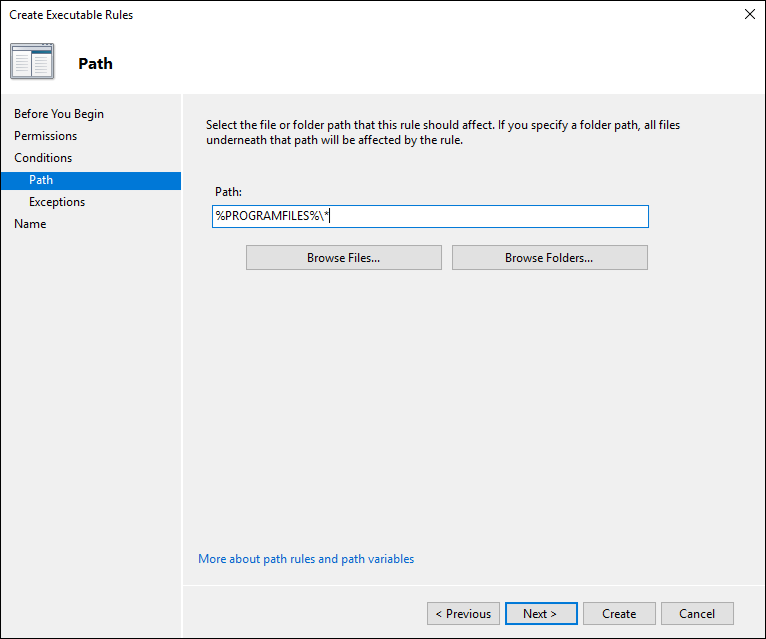 Screenshot of the Path field of the Create Executable Rules wizard.