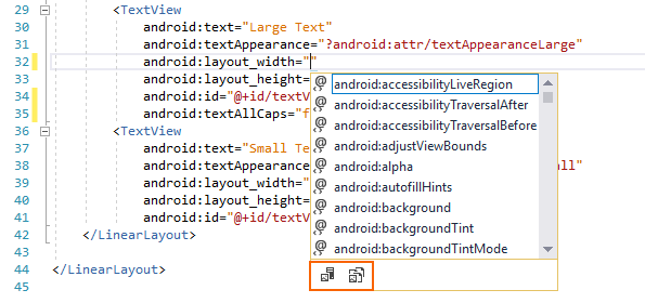 Exemplo do IntelliSense para largura do layout