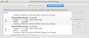 Definições de dispositivo de desgaste mostradas no Gerenciador de emuladores do Google