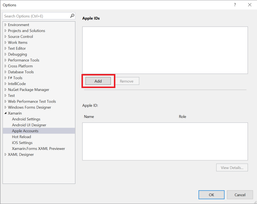 Captura de tela da página Contas da Apple nas opções do Visual Studio.