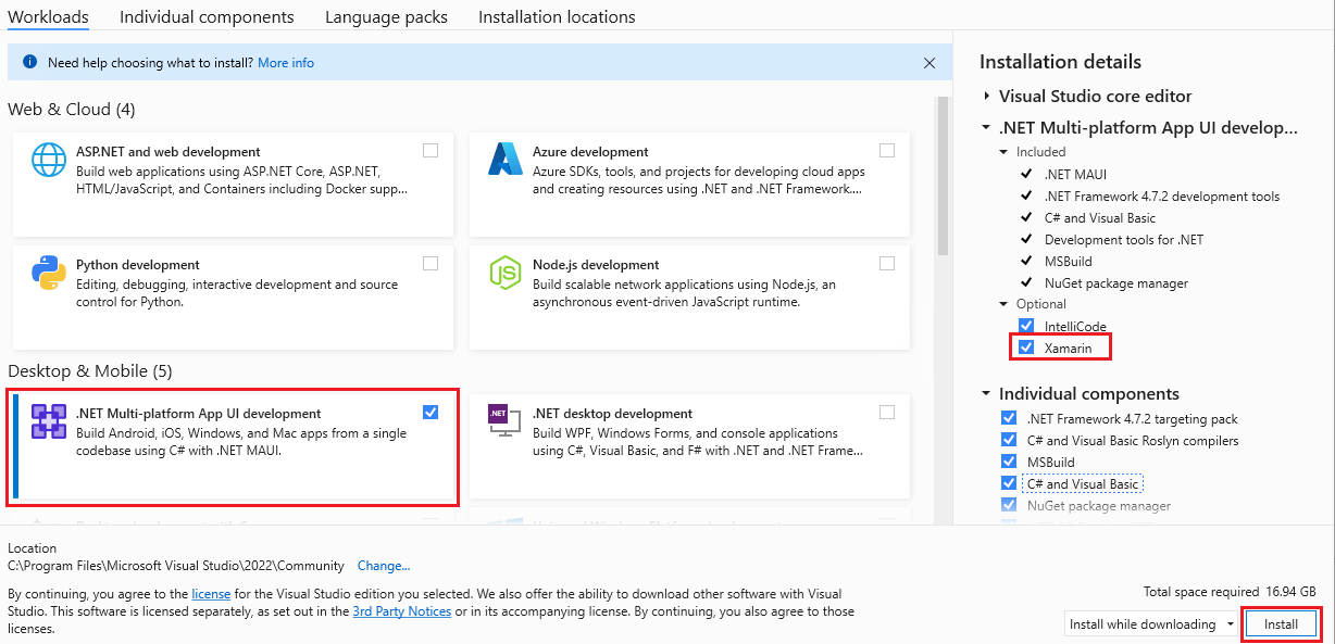 Desenvolvimento móvel com seleção do .NET